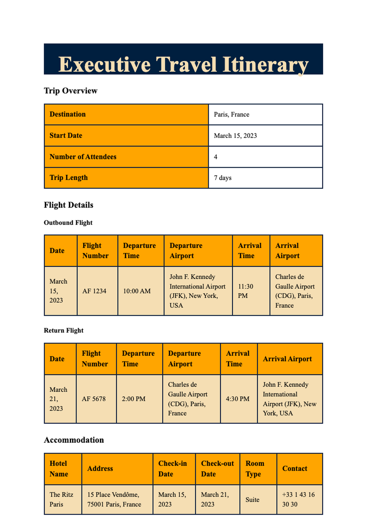 Executive travel itinerary template with flight accommodation and car rental sections_variant_1